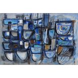 European school, acrylic / pencil on board, abstract blue vessel forms, indistinctly signed, 14" x