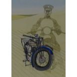RL Guy, 2 watercolours, ink/watercolour of Norton motorbike rider 15" x 11", fisherman on Derwent