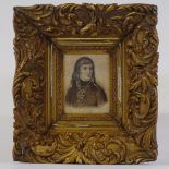 19th Century watercolour portrait of Napoleon, indistinctly signed, 4" x 3", framed Browning of