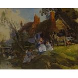 John Richard Townsend, impressionist oil on board, farmyard scene, indistinct monogram, 7" x 9",