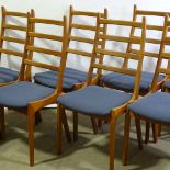 KAI KRISTIANSEN - a set of 6 Vintage Danish teak ladderback dining chairs, blue upholstered seat