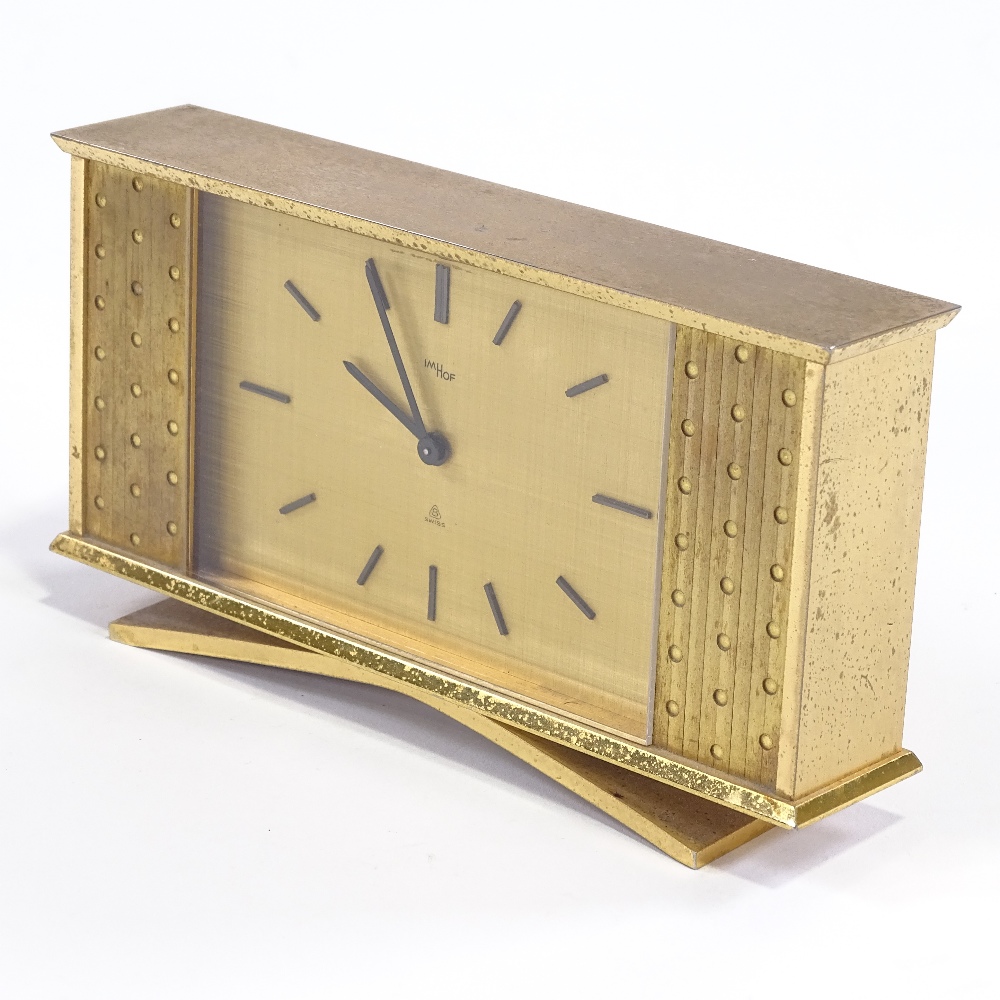 IMHOF - an Art Deco style Swiss brass-cased 8 day mantel clock, brushed dial with baton hour markers - Image 3 of 5