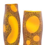 MARK THIELE - a large graduated pair of Mid-Century amber glass vases, sandblasted decoration with