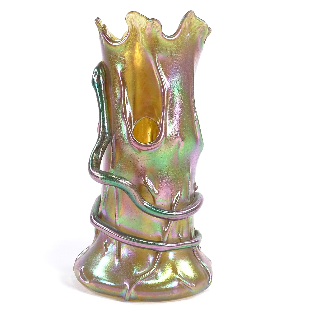 LOETZ - an early 20th Century iridescent glass Tree Trunk and Snake vase, realistically formed