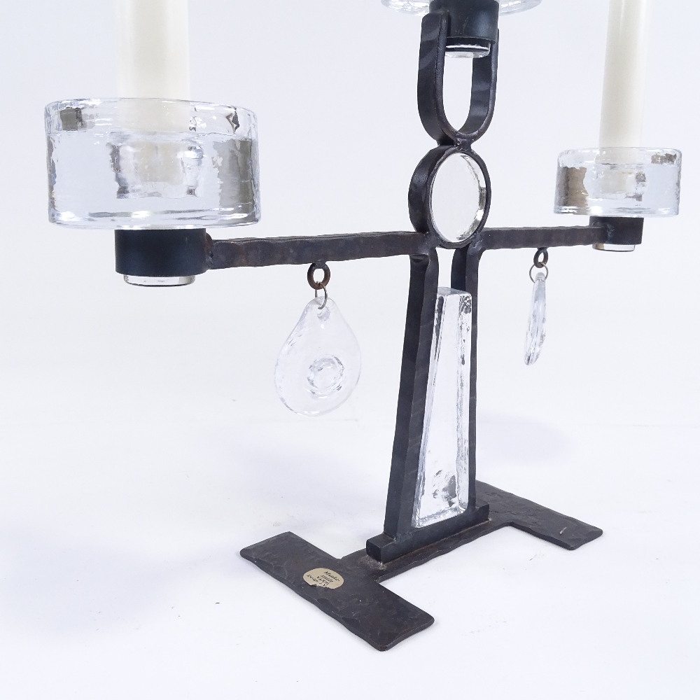 A Mid-Century Swedish cast-iron and clear glass 3-light candelabra, glass inserts and drops with - Image 3 of 5