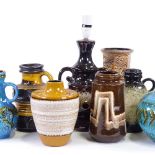WEST GERMAN CERAMICS - a group of 8 pottery vases and lamps, turquoise and brown glazes, tallest