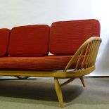 ERCOL - a Mid-Century elm Studio Couch / Daybed Sofa, original red upholstered cushions with re-