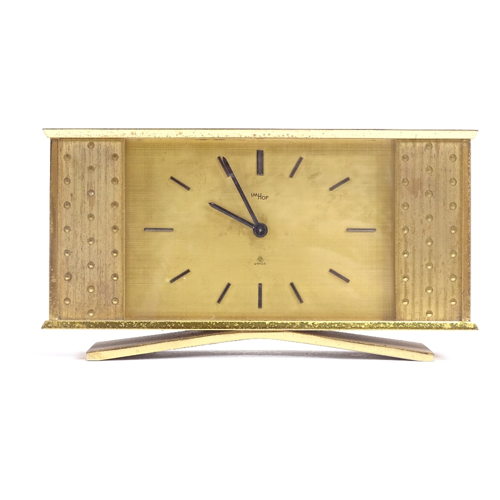 IMHOF - an Art Deco style Swiss brass-cased 8 day mantel clock, brushed dial with baton hour markers - Image 2 of 5