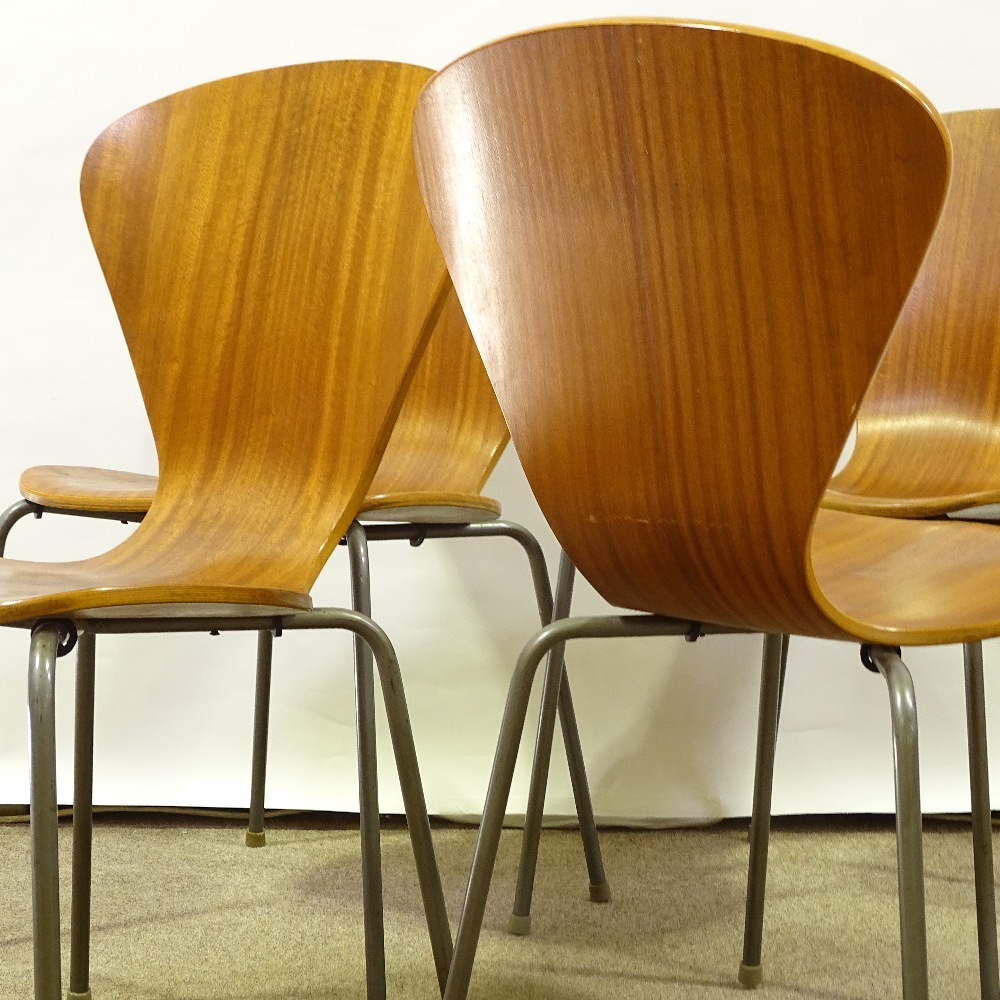 A set of 4 Mid-Century Danish bent plywood dining chairs, circa 1950s, shaped seats with steel legs, - Image 3 of 5