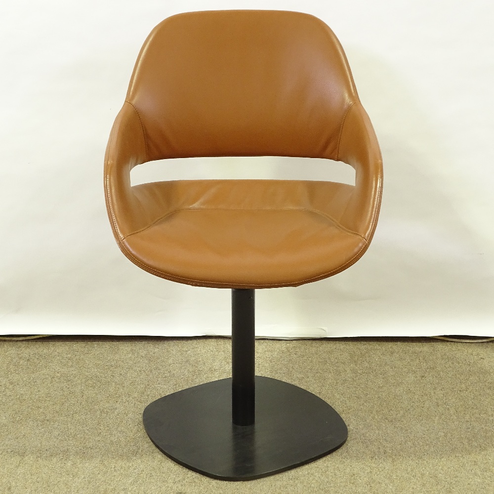 ORA-ITO FOR ZANOTTA - a modernist Eva pedestal swivel chair, brown leather upholstery with varnished - Image 4 of 5