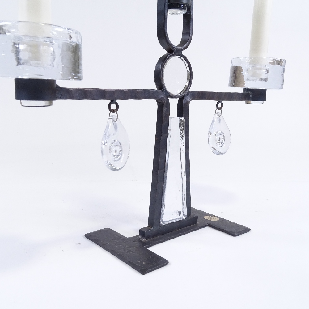 A Mid-Century Swedish cast-iron and clear glass 3-light candelabra, glass inserts and drops with - Image 5 of 5