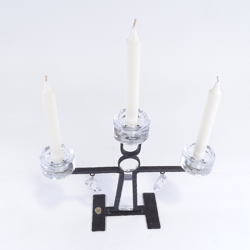 A Mid-Century Swedish cast-iron and clear glass 3-light candelabra, glass inserts and drops with - Image 2 of 5