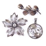 NIELS ERIK FROM - 2 Vintage Danish sterling silver stylised floral brooches and a silver pendant,