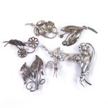 6 Danish stylised silver floral brooches, makers include Hermann Siersbol, John Lauridsen and Carl