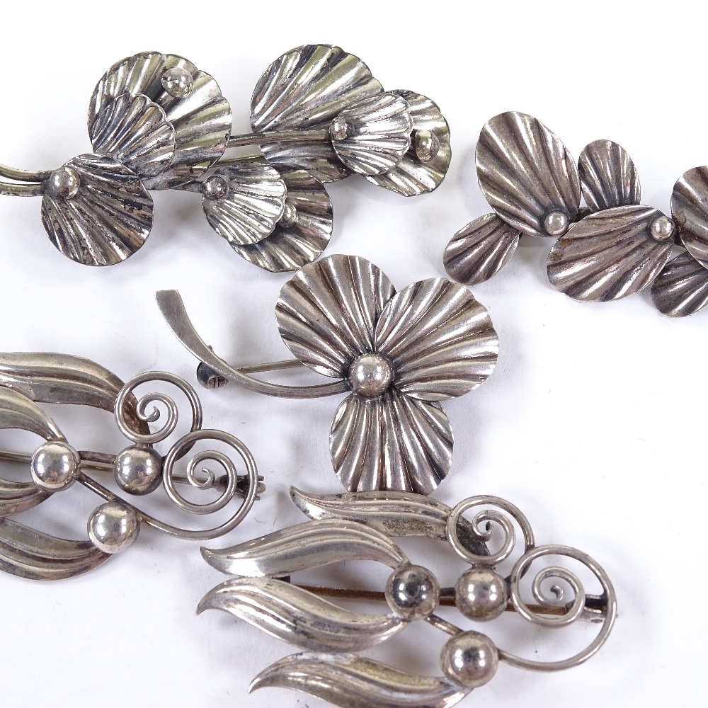 HERMANN SIERSBOL - 5 Vintage Danish modernist stylised silver floral brooches, maker's marks HS, - Image 5 of 5