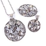 HUGO GRUN - a Vintage Danish silver floral pendant necklace, on sterling chain, chain length 58cm,
