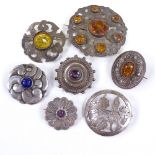 6 Scandinavian silver and stone set brooches and another, including Scottish style, largest diameter