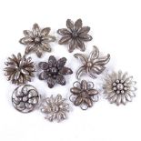 9 Danish stylised silver floral brooches, makers include Hermann Siersbol, Carl Ove Frydensberg,