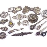 17 Art Nouveau Danish stylised silver and white metal brooches, some stone set and with maker's