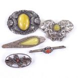 5 Danish stylised silver and white metal stone set floral brooches, makers include Hugo Grun and