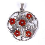 A Danish stylised sterling silver and red enamel Daisy pendant, no maker's marks, pendant height