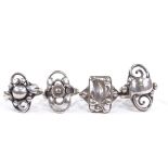 4 Danish stylised silver and unmarked white metal floral panel rings, makers include Henry Roland, C