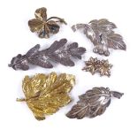 6 Danish stylised silver and silver-gilt leaf brooches, makers include Anton Michelsen, Askhim,