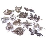 12 Danish silver and white metal leaf brooches, makers include Hermann Siersbol and Carl Ove