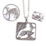 Various Danish stylised silver Deer jewellery, comprising Stib pendant and chain, and 2 brooches,