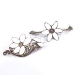 A DRAGSTED - 2 Vintage Danish vermeil sterling silver and white enamel floral brooches, maker's