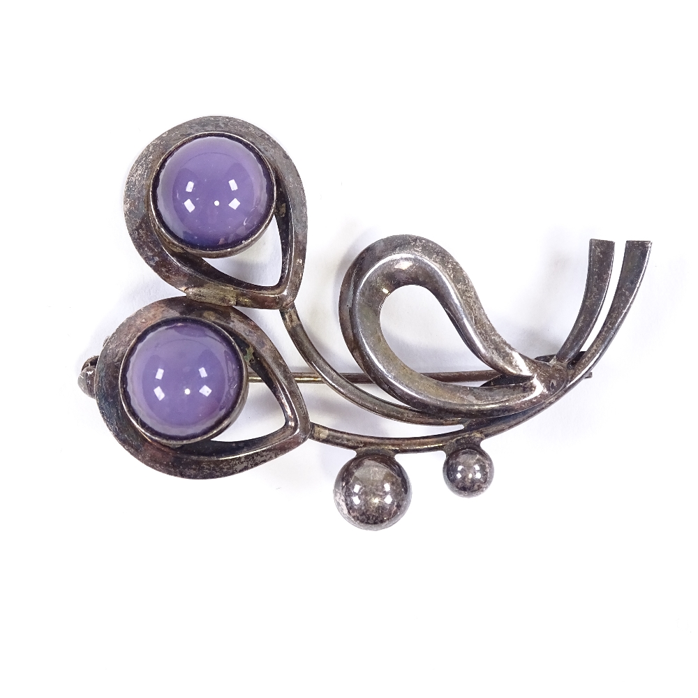 HERMANN SIERSBOL - a Vintage Danish sterling silver and purple moonstone stylised floral spray