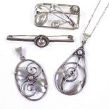 Various Danish stylised silver jewellery, comprising 2 pendants and 2 brooches, examples by Hugo