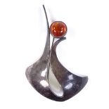 NIELS ERIK FROM - a Vintage Danish sterling silver and amber stylised brooch, brooch length 65.