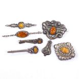 6 Scandinavian silver and cabochon amber floral brooches, makers include Christian Veilskov and P