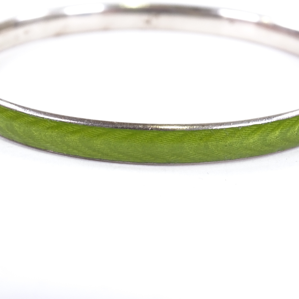 A Danish sterling silver and green enamel slave bangle, maker's mark HEF ?, band width 5.8mm, - Image 3 of 5