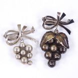 JOHN LAURITZEN - 2 Danish stylised silver grape brooches, maker's mark John L, largest height