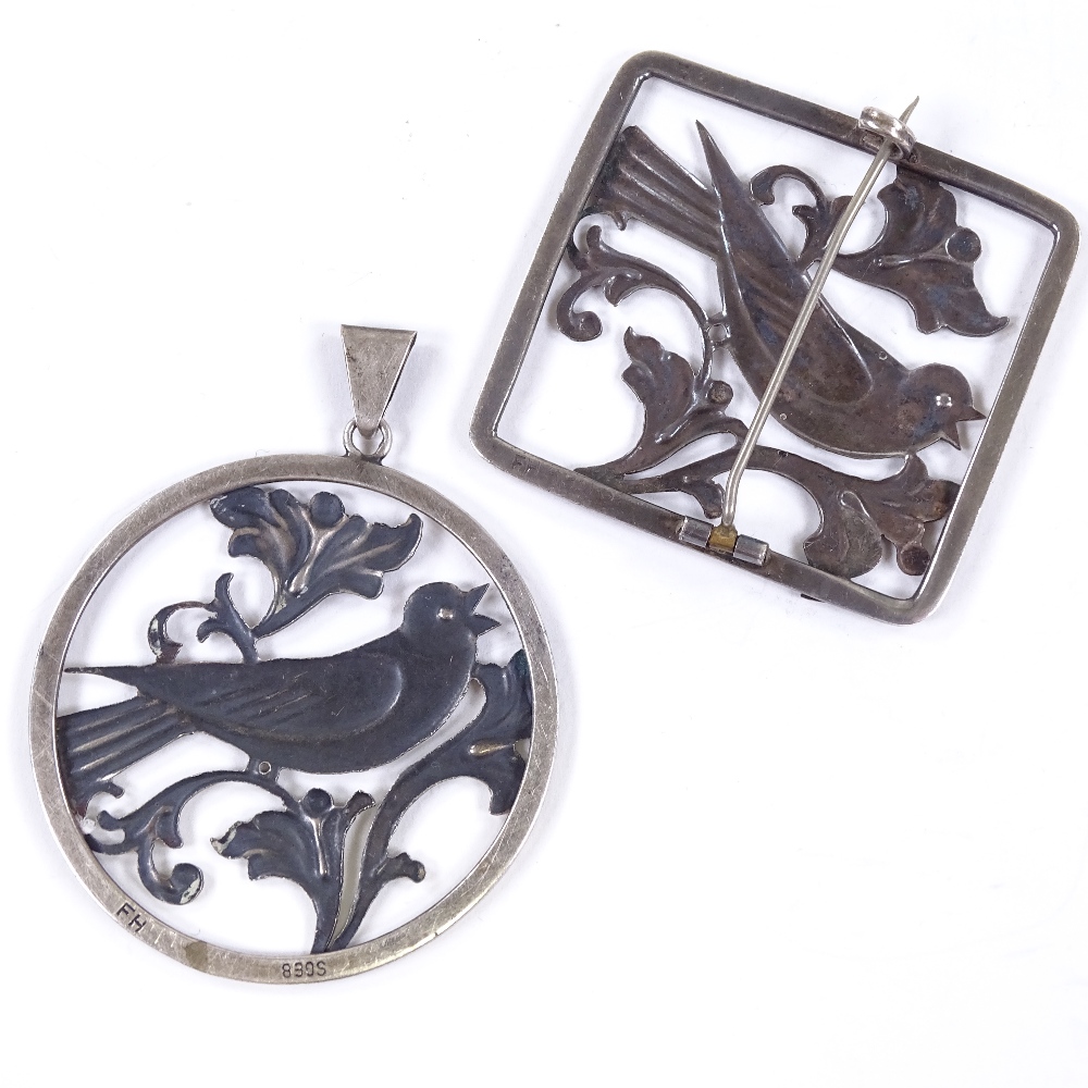 F HANSEN - a Vintage Danish stylised silver matching bird pendant and brooch, pierced and engraved - Image 2 of 5