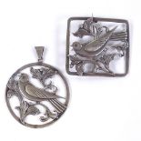 F HANSEN - a Vintage Danish stylised silver matching bird pendant and brooch, pierced and engraved