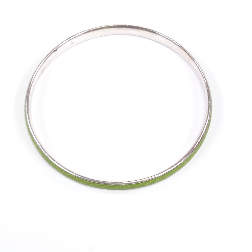 A Danish sterling silver and green enamel slave bangle, maker's mark HEF ?, band width 5.8mm, - Image 2 of 5