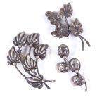 NIELS ERIK FROM - 3 Vintage Danish sterling silver stylised floral brooches, largest length 64.