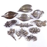 11 Danish stylised silver and white metal leaf brooches, makers include Hermann Siersbol, Bernhard