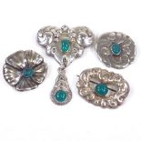 4 Art Nouveau Danish stylised silver floral brooches, makers include Hans Jensen, drop brooch height