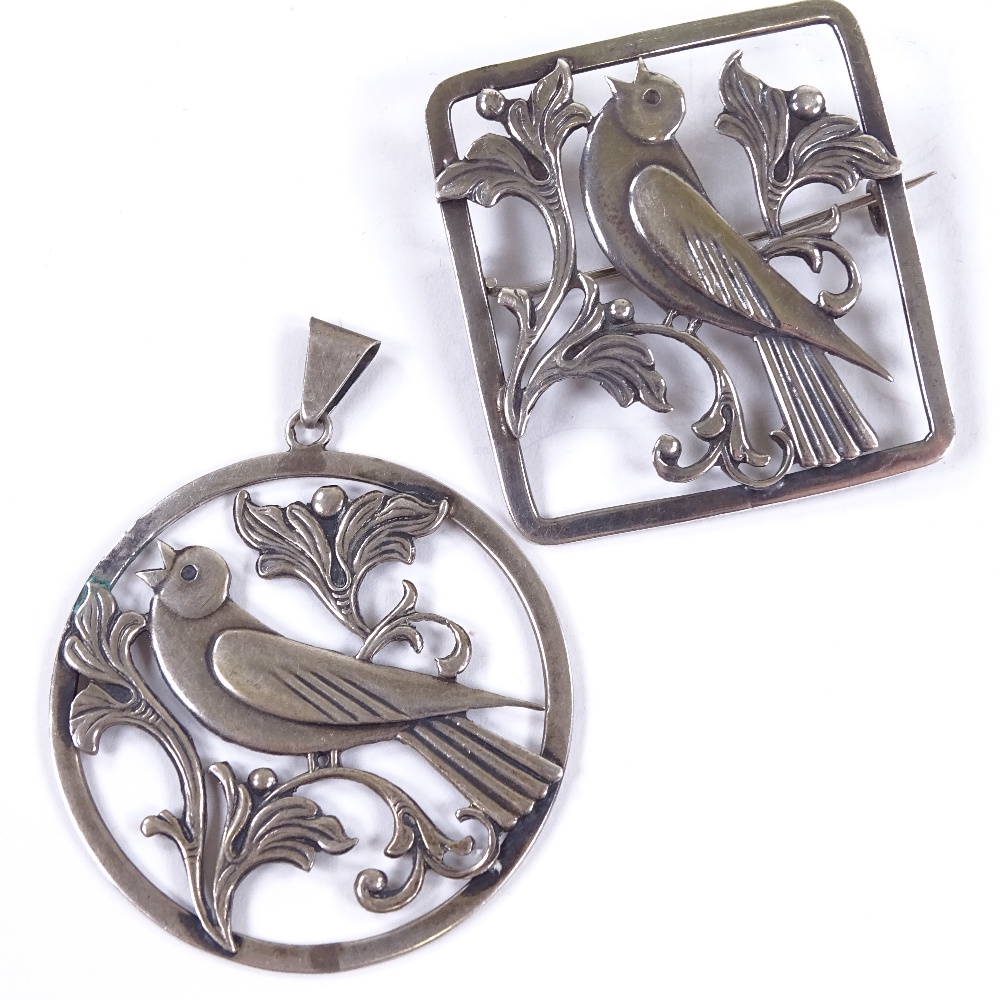 F HANSEN - a Vintage Danish stylised silver matching bird pendant and brooch, pierced and engraved - Image 4 of 5