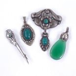 4 Art Nouveau Danish stylised silver and green stone pieces of jewellery, comprising 2 brooches