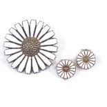 ANTON MICHELSEN - a Vintage Danish sterling silver and white enamel Daisy brooch and pair of ear