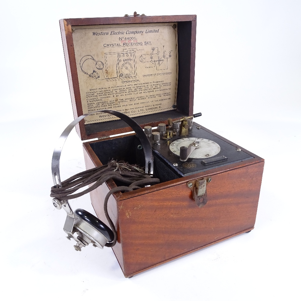 Western Electric Co Ltd, crystal receiving set no. 44001, with headphones, in wooden box, height 7.