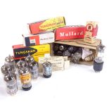 A box of small valves, including Mullard, Pope etc