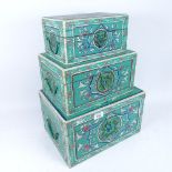 A set of 3 graduated hand painted wood metal-bound boxes, largest width 35cm