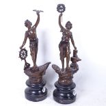 A pair of bronze patinated spelter figures, industry and commerce, height 34cm