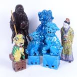 A Chinese carved hardwood figure of Shung Lau holding an eternal peach, Chinese blue ceramic Dogs of